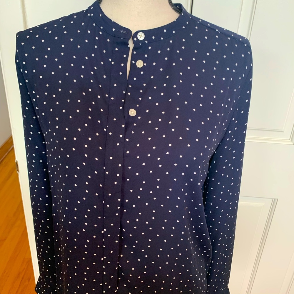 EUC Navy & White Polka Dot LS Blouse Sz Medium